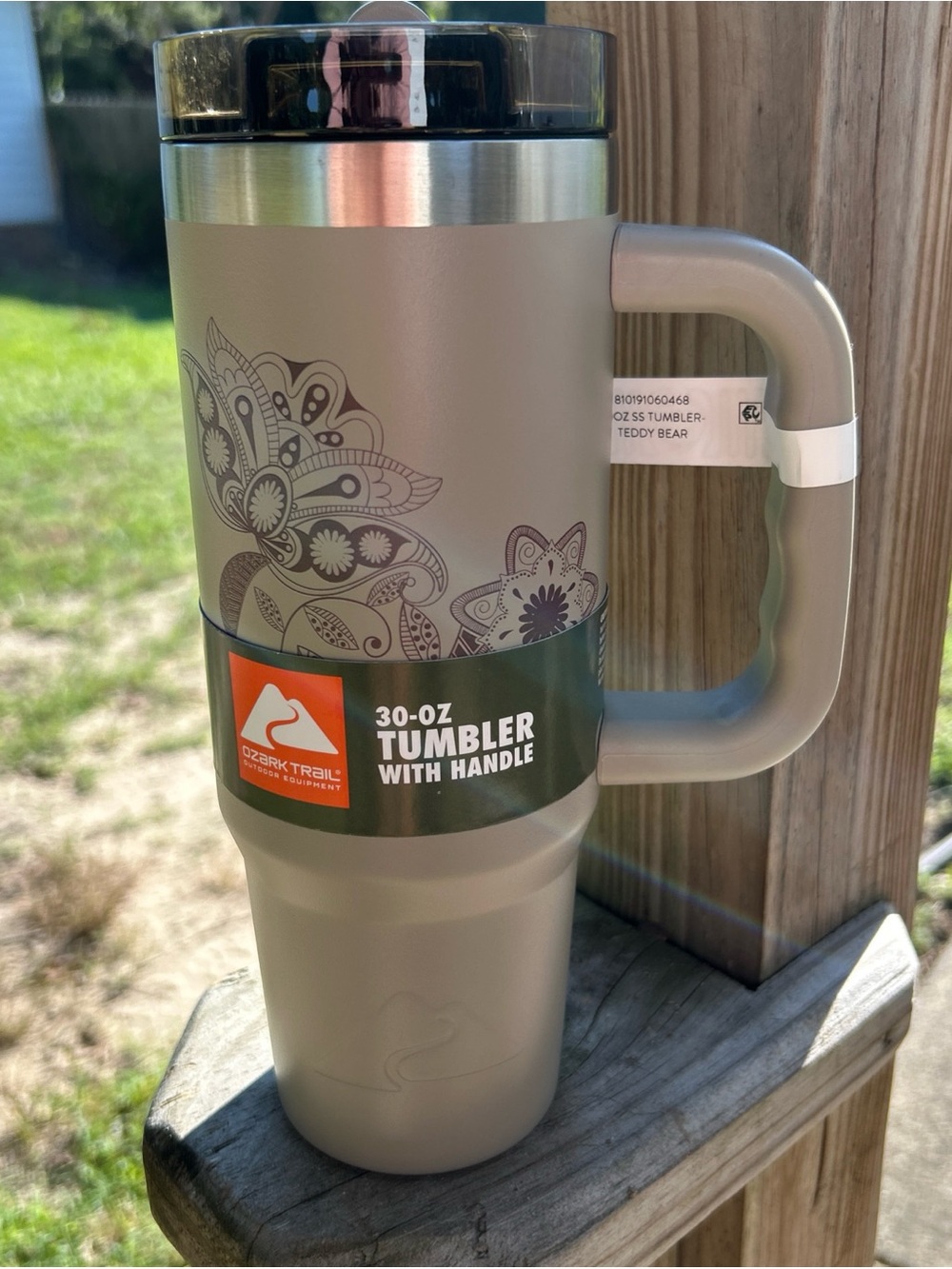 Ozark Trail Taupe 30 oz Tumbler with Handle - Floral Accent